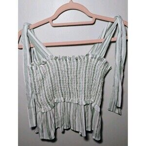 Lazy Sundays Cottagecore Smocked Tie Strap Peplum Top Green Stripe‎ Size M